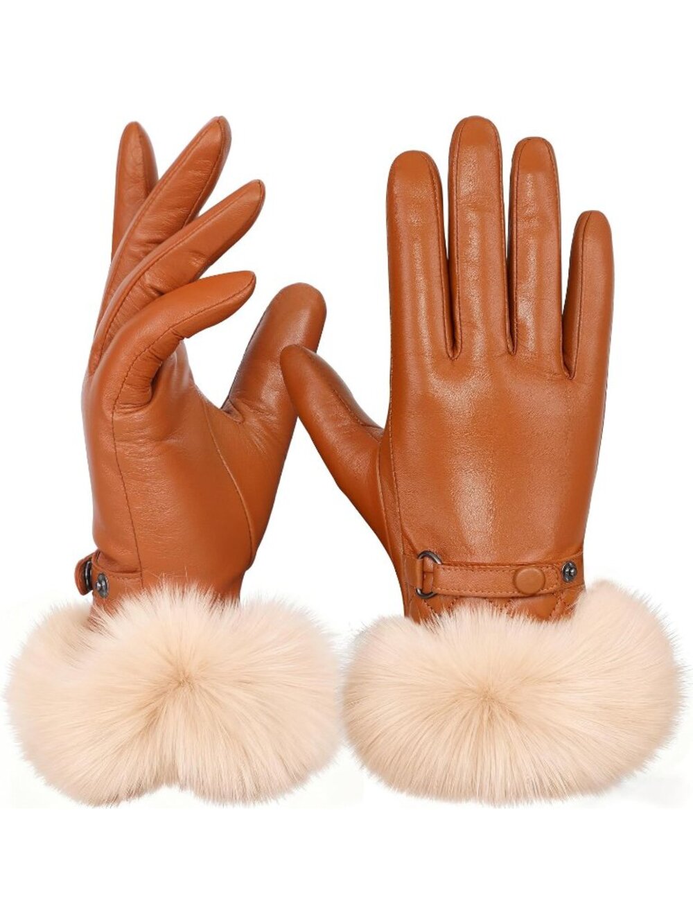 Women Cognac Fur Trim Touchscreen Winter Rabbit Fur Trim Winter Leather Glove